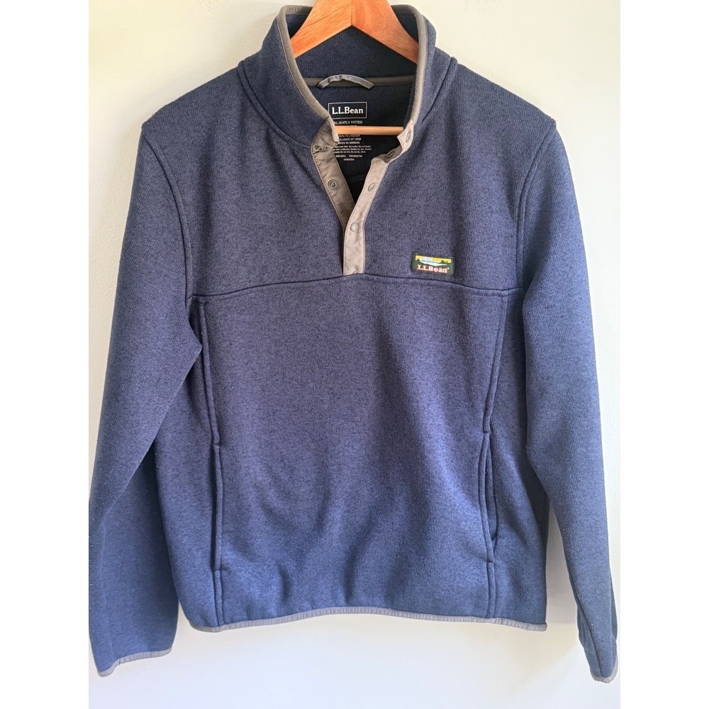 LL Bean Mens Sweater Fleece Pullover Navy Blue Snap‎ Neck M Reg 298050